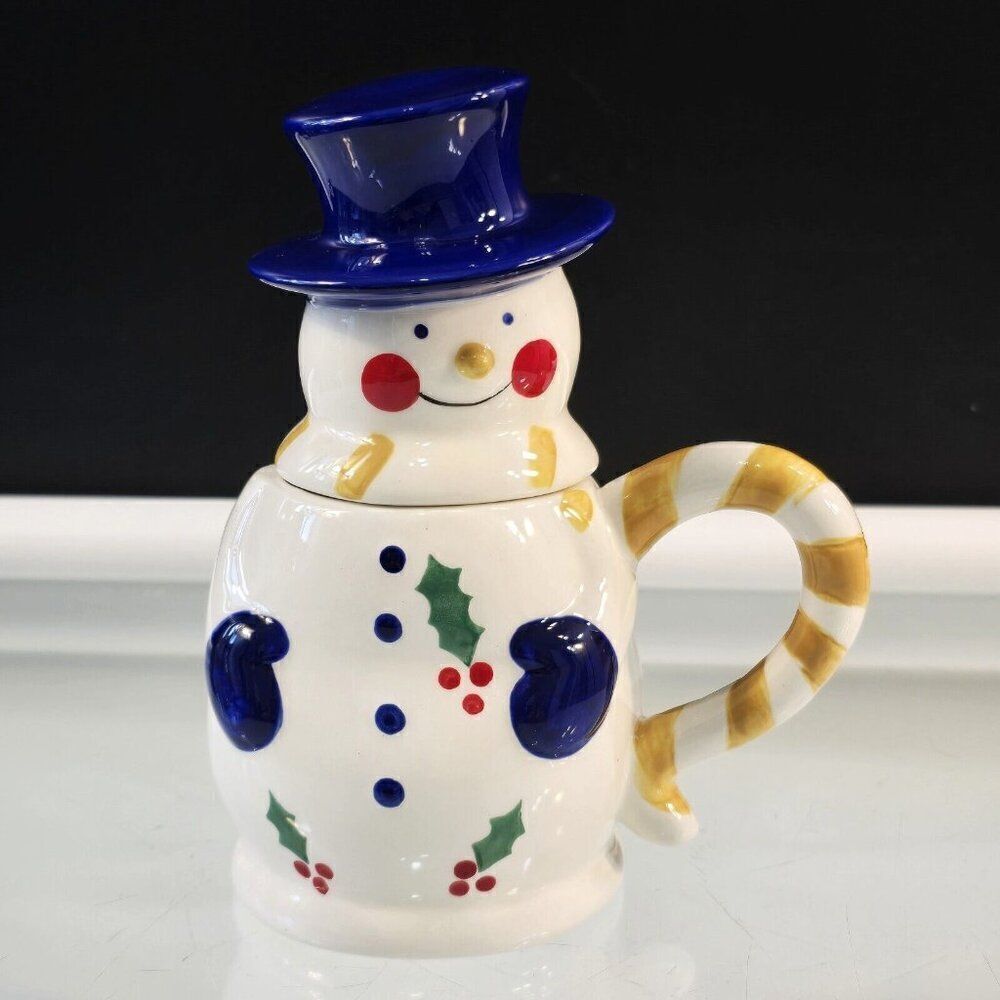 Snowman Mug With Blue Hat Lid Temptations Presentable Ovenware By Tara Ceramic